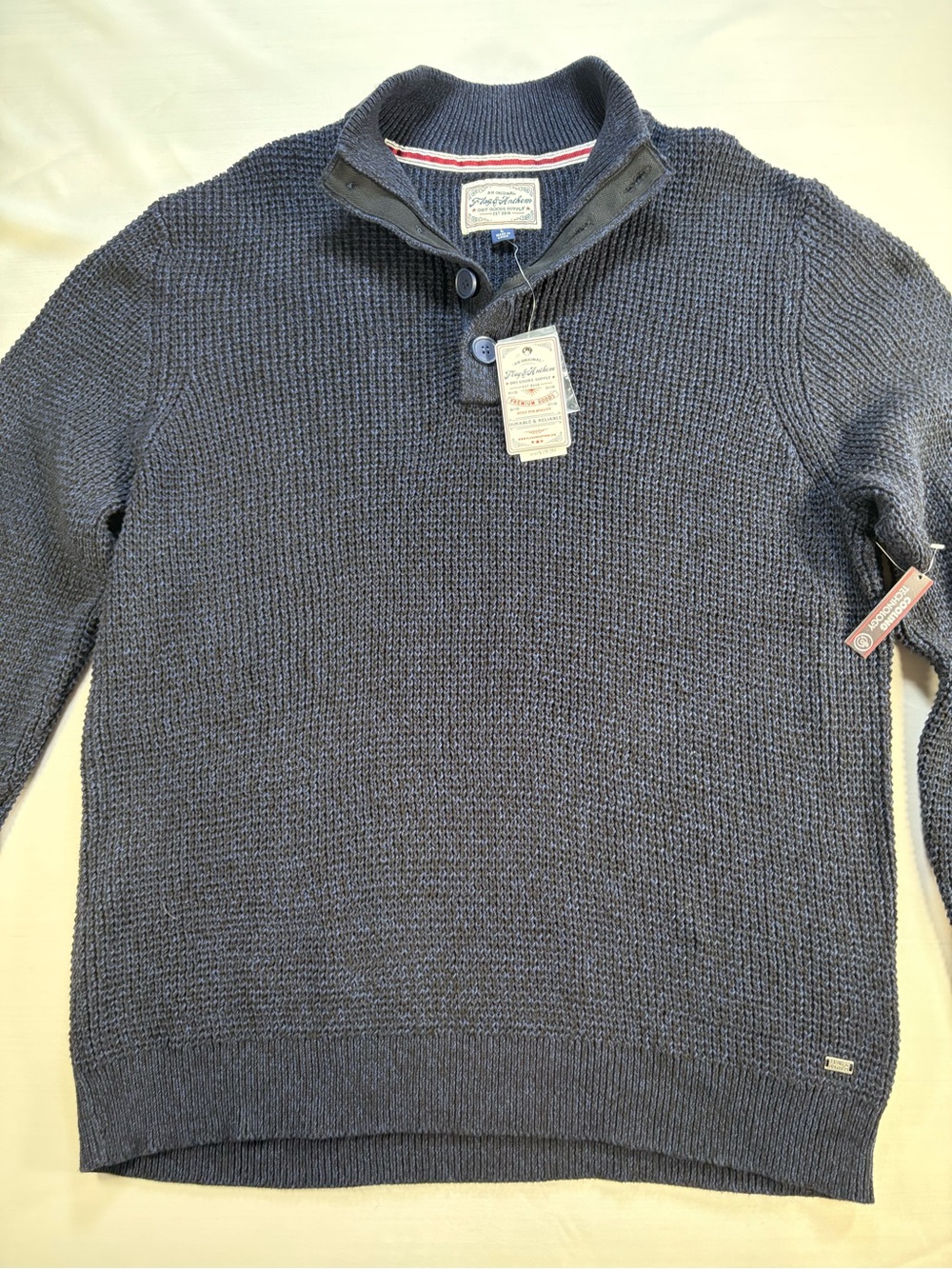 NWT Flag & Anthem Mens Size Large Blue Button Mock Neck Waffle Knit Sweater - Picture 2 of 8